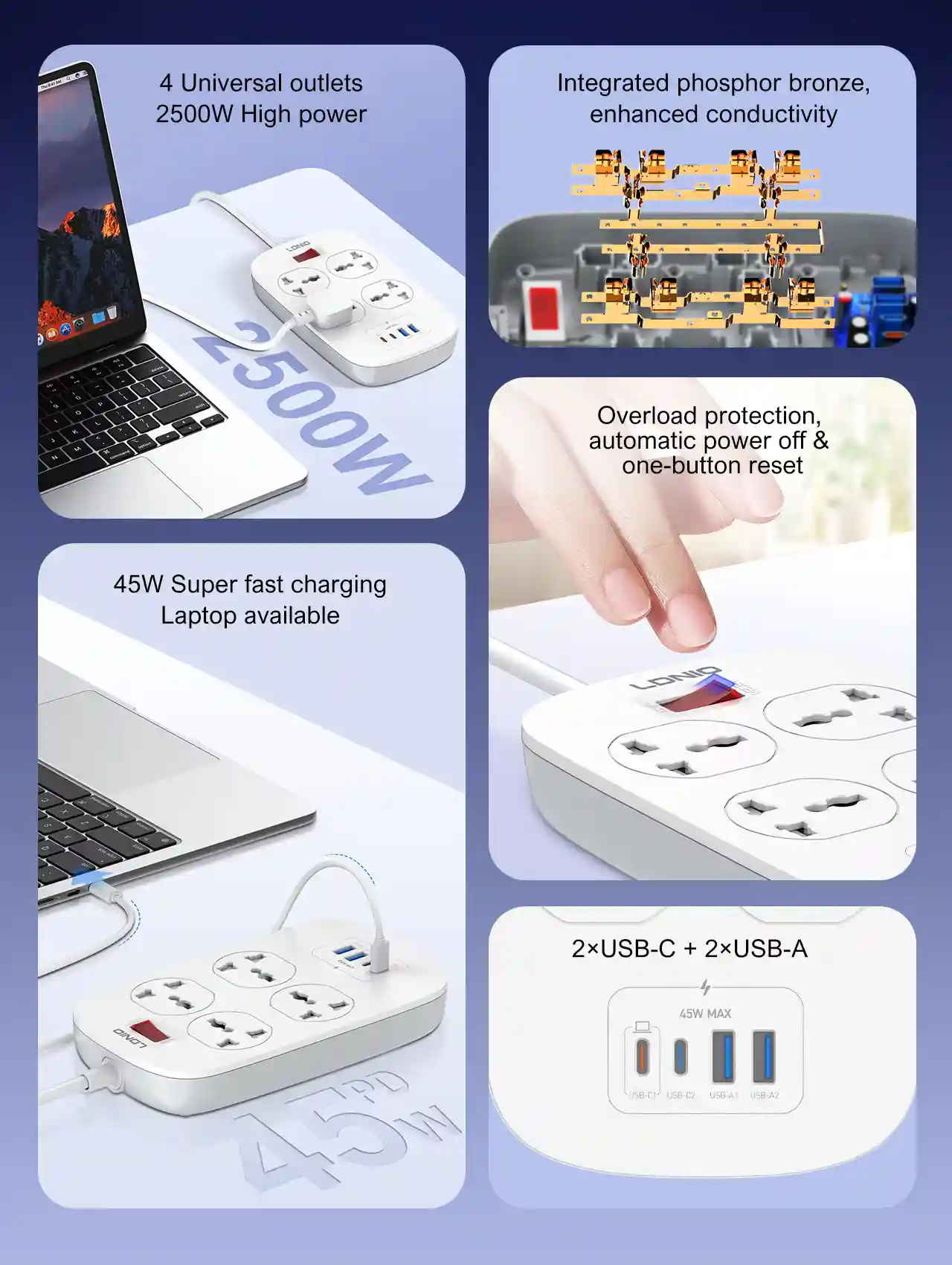 Front view of LDNIO SC4407C Universal Outlet 45W USB Power Strip