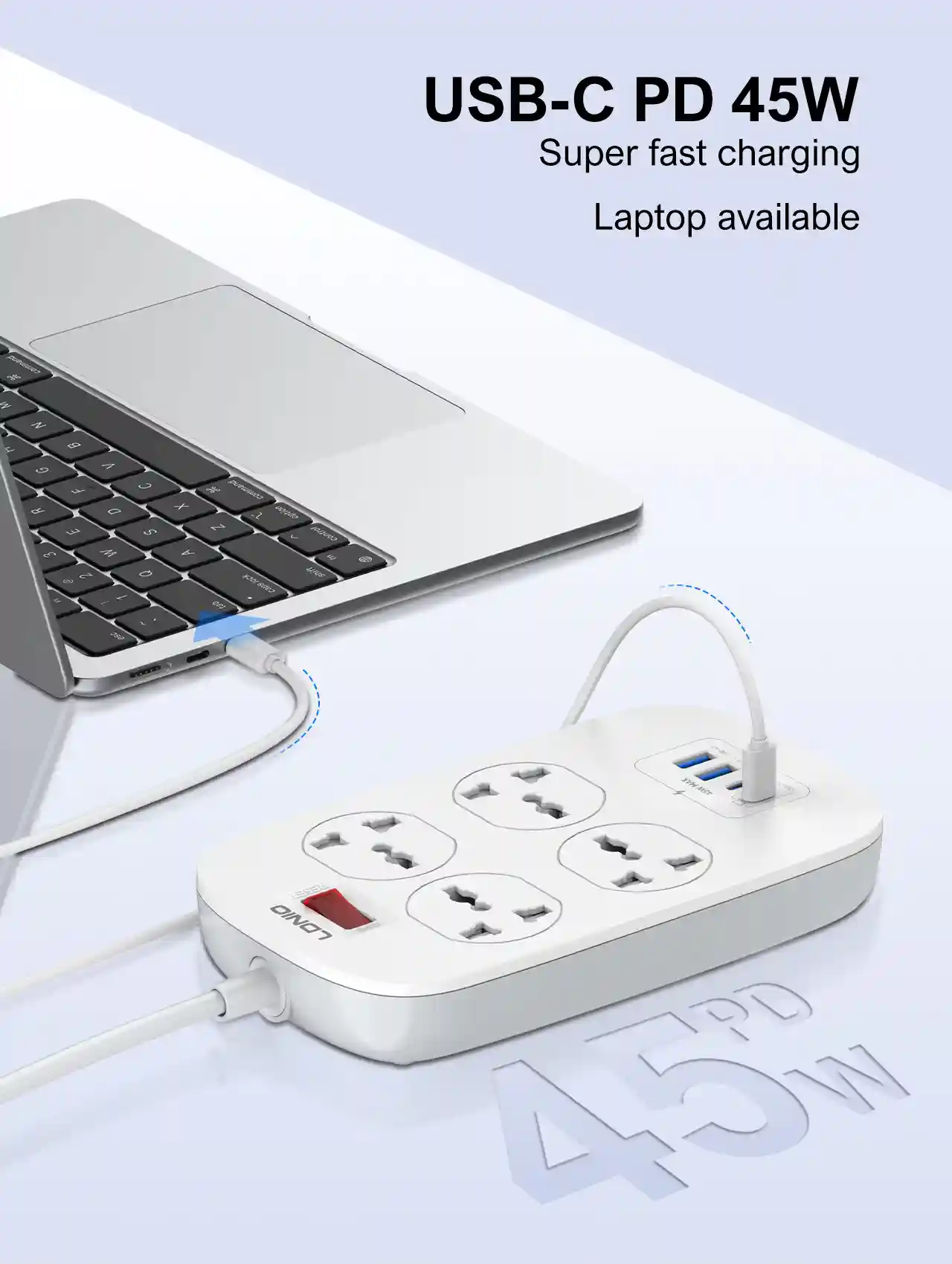 Multi-device charging setup using LDNIO SC4407C Universal Outlet 45W USB Power Strip