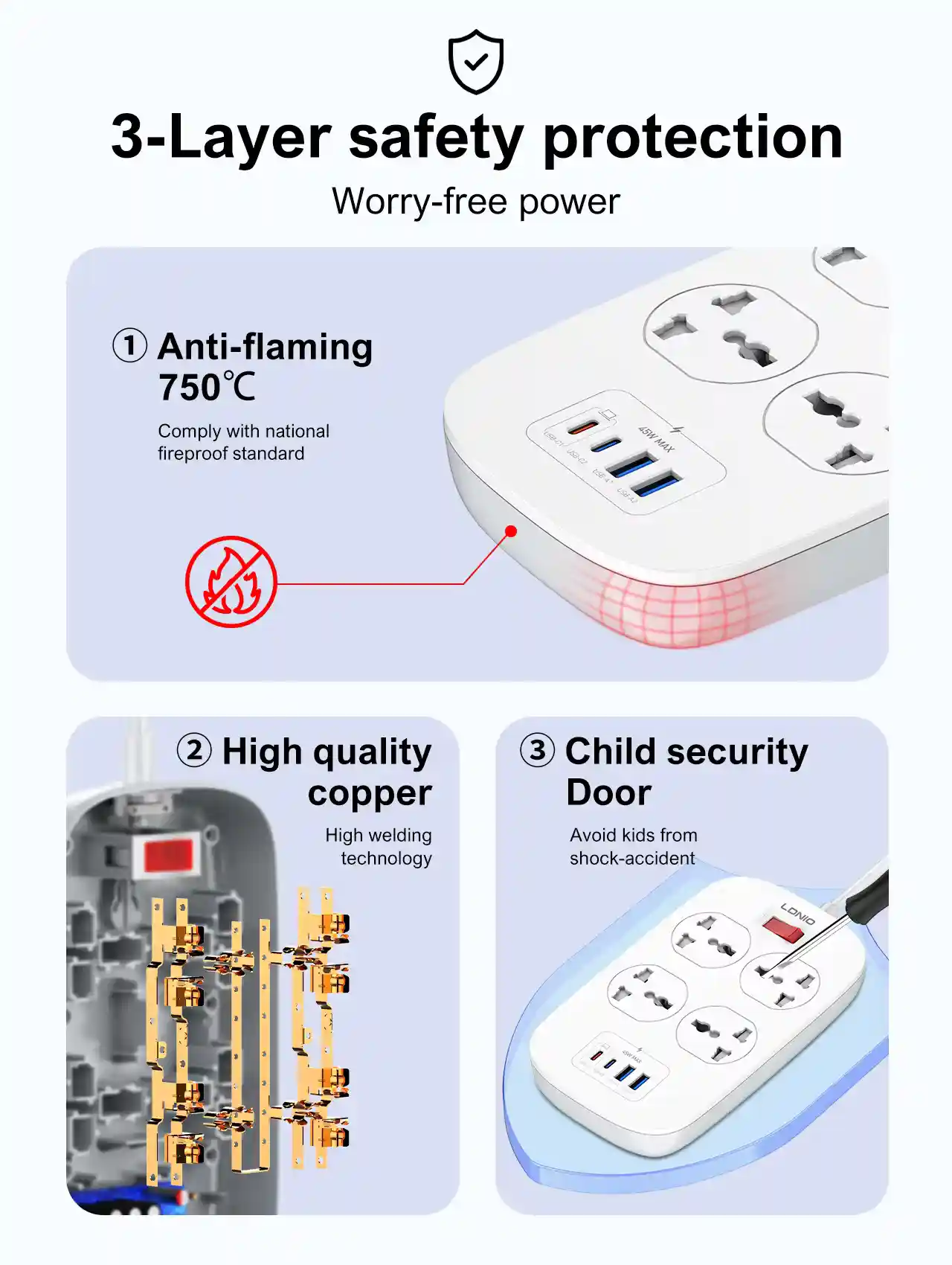 LDNIO SC4407C Universal Outlet 45W USB Power Strip with EU plug option