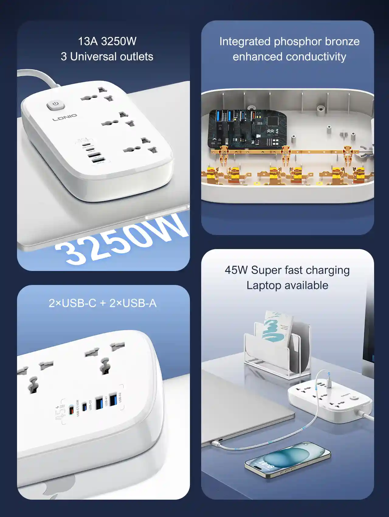 Top view of LDNIO SC6 Power Strip powering laptop, smartphone, and speakers simultaneously