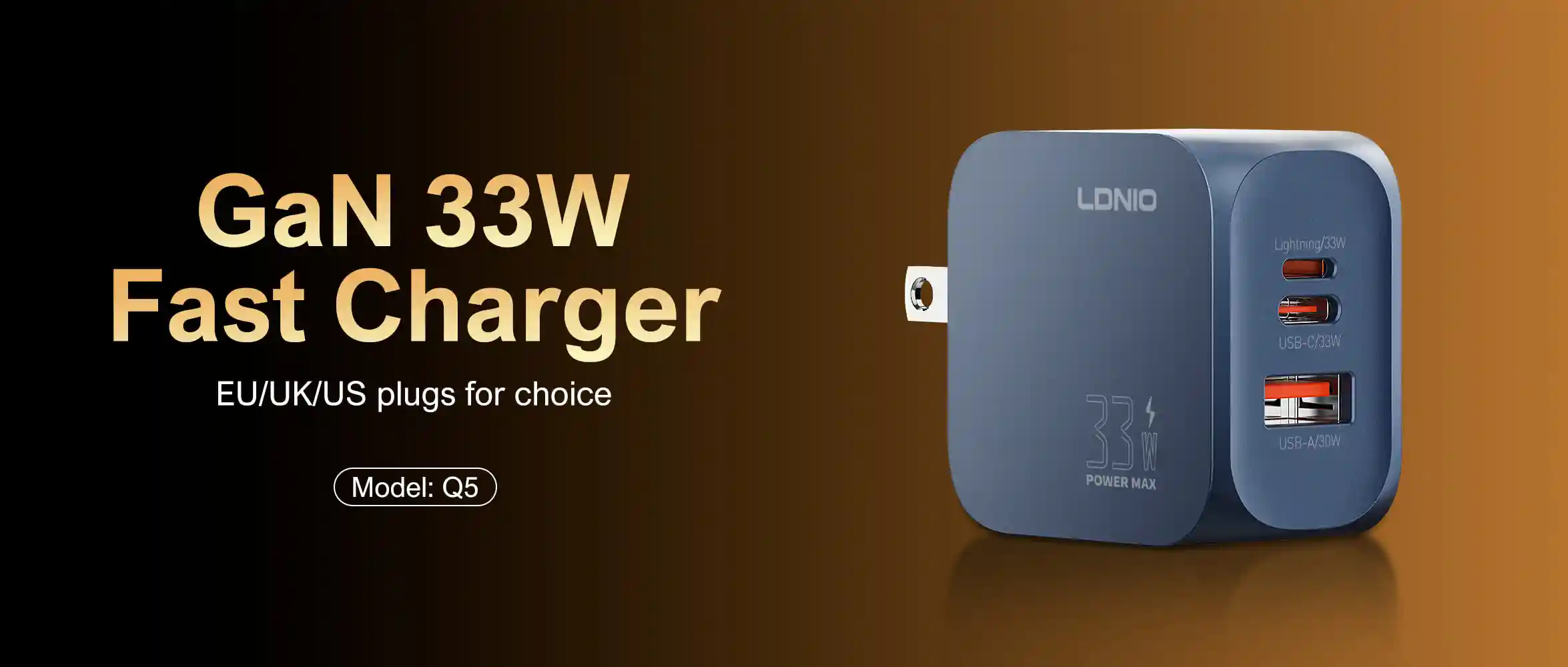 Ldnio Q5 33W GaN Super Fast Charger with USB-C and USB-A dual port design for fast charging