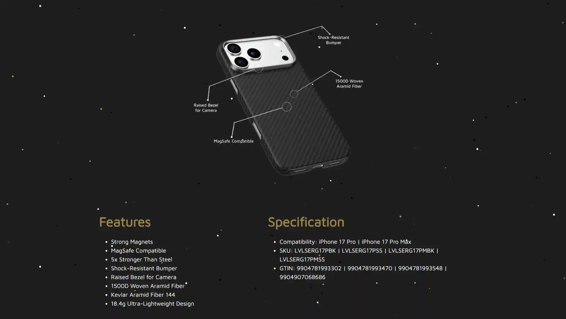 Levelo Sergei 1500D Aramid Fiber Case for iPhone 17 Pro/Pro Max front view