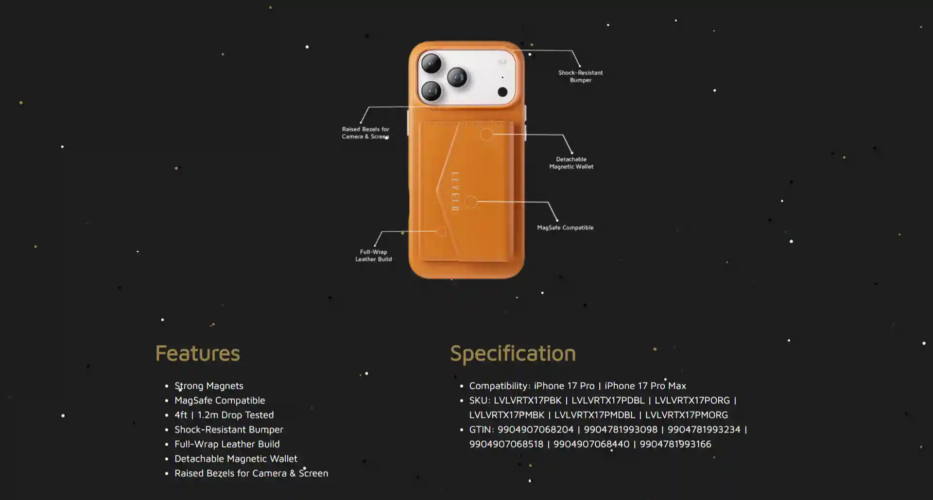 Levelo Vertex PU Leather Wallet Case for iPhone 17 Pro/Pro Max in orange