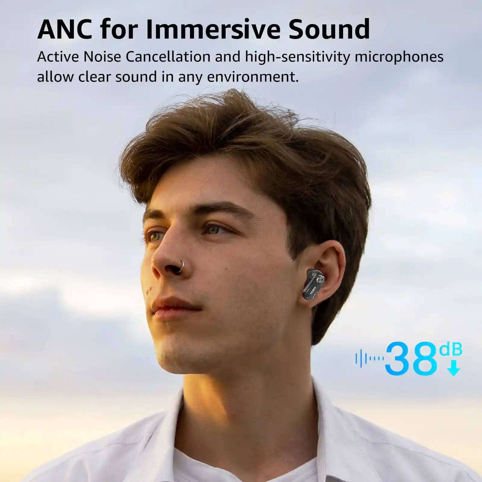 TOZO AeroSound3 Hybrid ANC Wireless Earbuds IPX5 sweat resistant lightweight design for fitness and travel