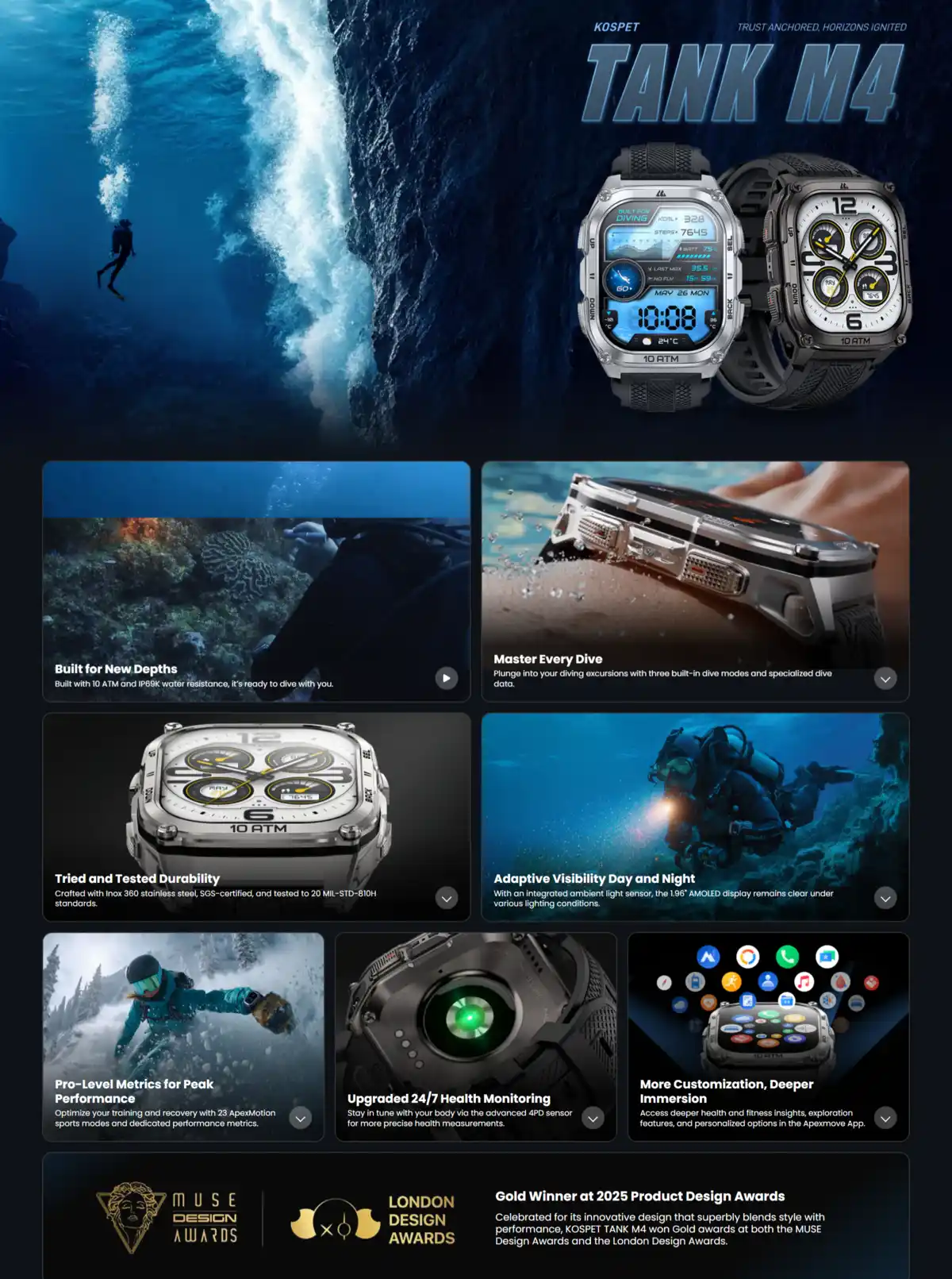 kospet tank m4 smartwatch for professional athletes and divers