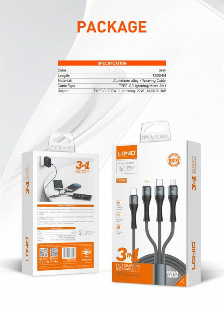 LDNIO LC94C 100W 3in1 Type-C to LightningType-CMicro USB Fast Charging Cable 1.2M