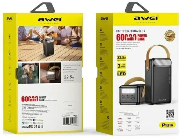 Awei P101K 60000mAh Power Bank showing LED battery display and three USB output ports for multi-device charging