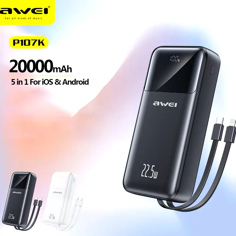 Awei P107K 20000mAh power bank showcasing compact fireproof ABS design