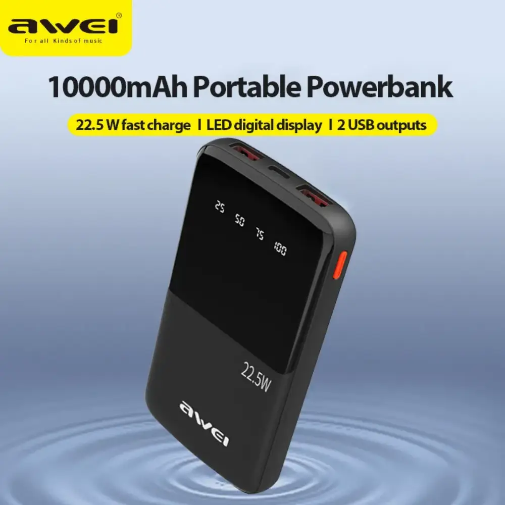 Awei P10K 10000mAh Power Bank digital display showing battery level