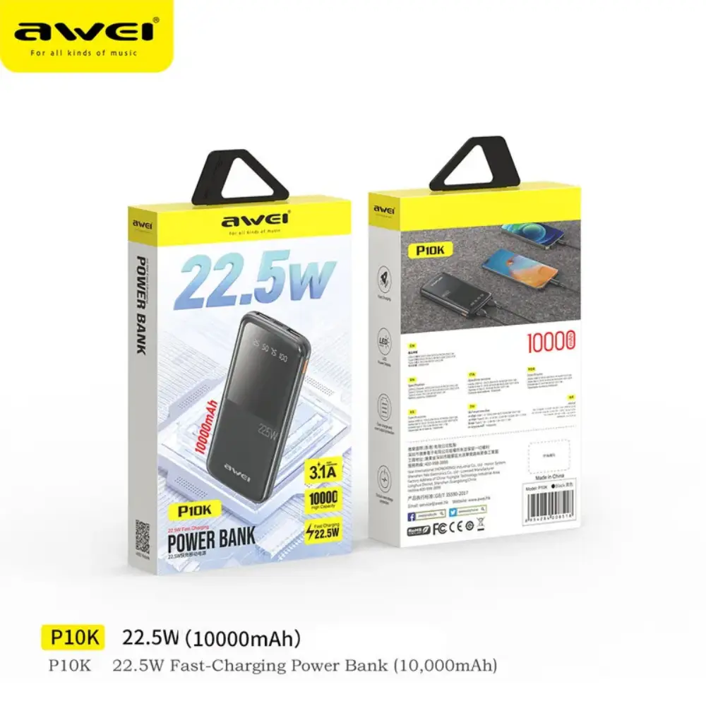 Awei P10K 10000mAh Power Bank with 22.5W fast charging ports