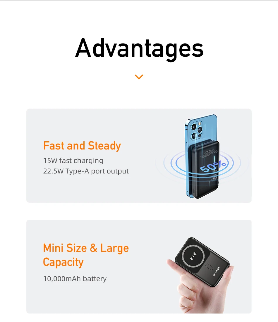 Awei P139K 10000mAh power bank featuring 15W MagSafe magnetic wireless charging