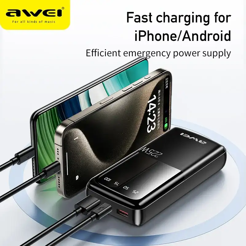 Awei P13K 20000mAh Powerbank showing digital display and fast-charging design