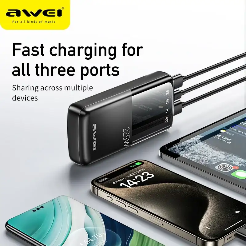 Close-up of Awei P13K 20000mAh Powerbank triple output ports for multi-device charging
