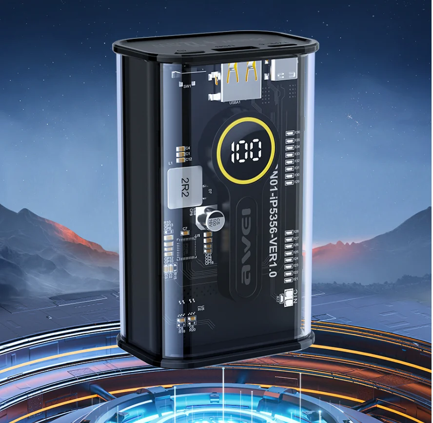 Awei P165K 10000mAh Power Bank transparent fast charging design front view