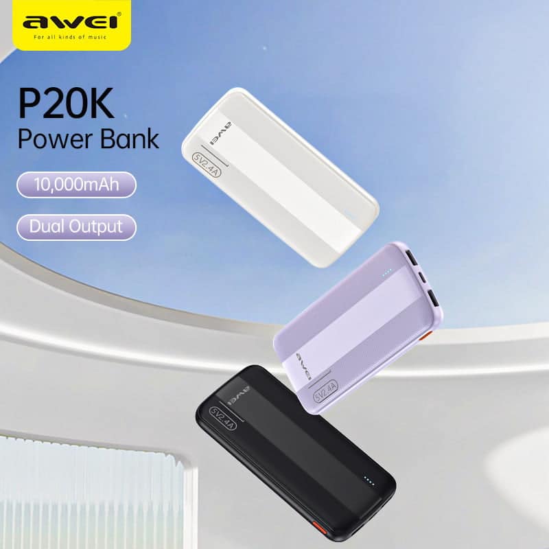 Ultra-slim 15mm Awei P20K 10000mAh power bank for lightweight travel use