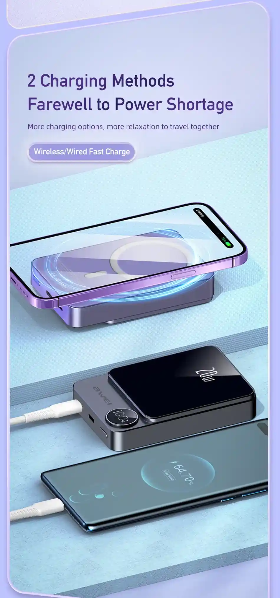 Lightweight and compact Awei P39K 10000mAh magnetic wireless power bank for travel