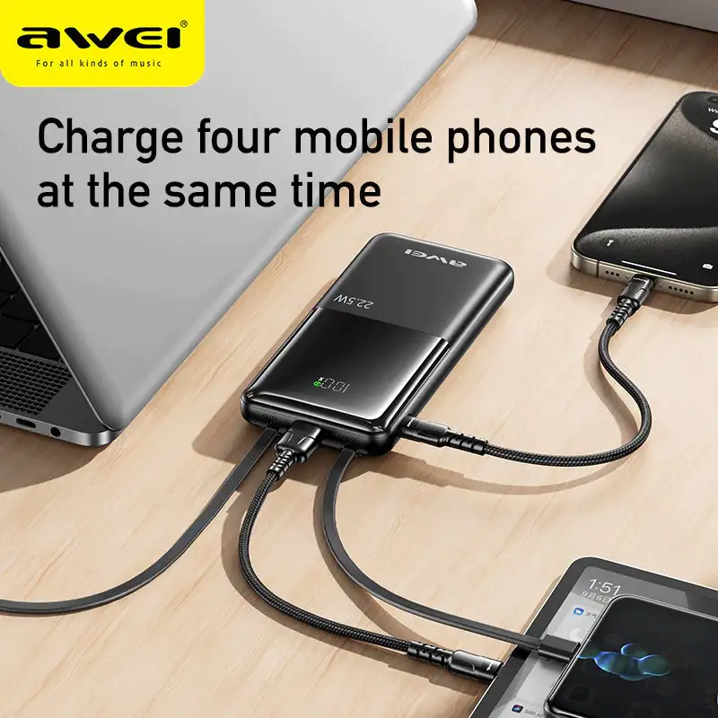 Awei P76K 10000mAh Power Bank dual built-in cable fast charging product image