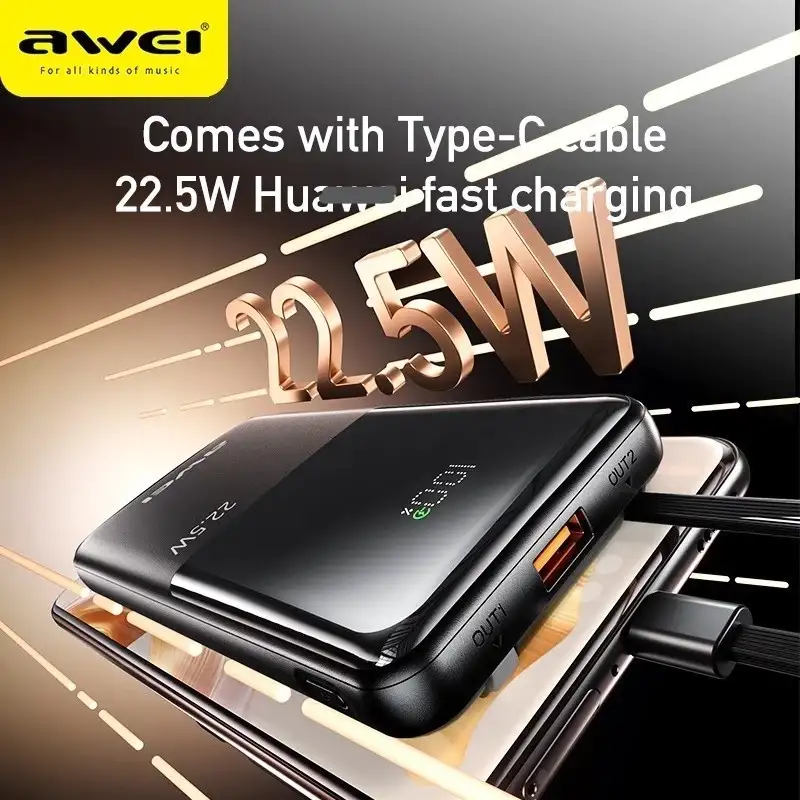 Awei P76K 10000mAh Power Bank digital LED display showing battery percentage