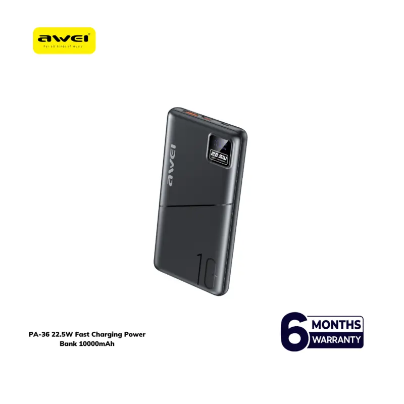 awei-pa-36-10000mah-power-bank Awei PA-36 10000mAh Power Bank showing digital display and dual USB Type-C output for fast device charging