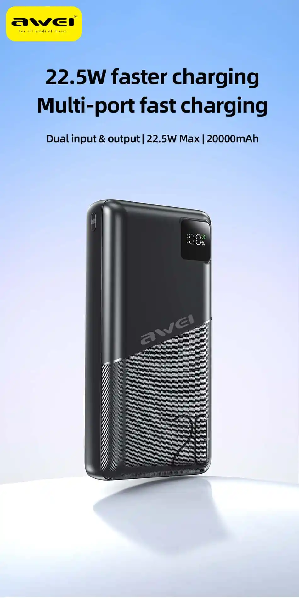 Awei PA-37 20000mAh Power Bank showing LED digital display and dual USB Type-C output for fast charging