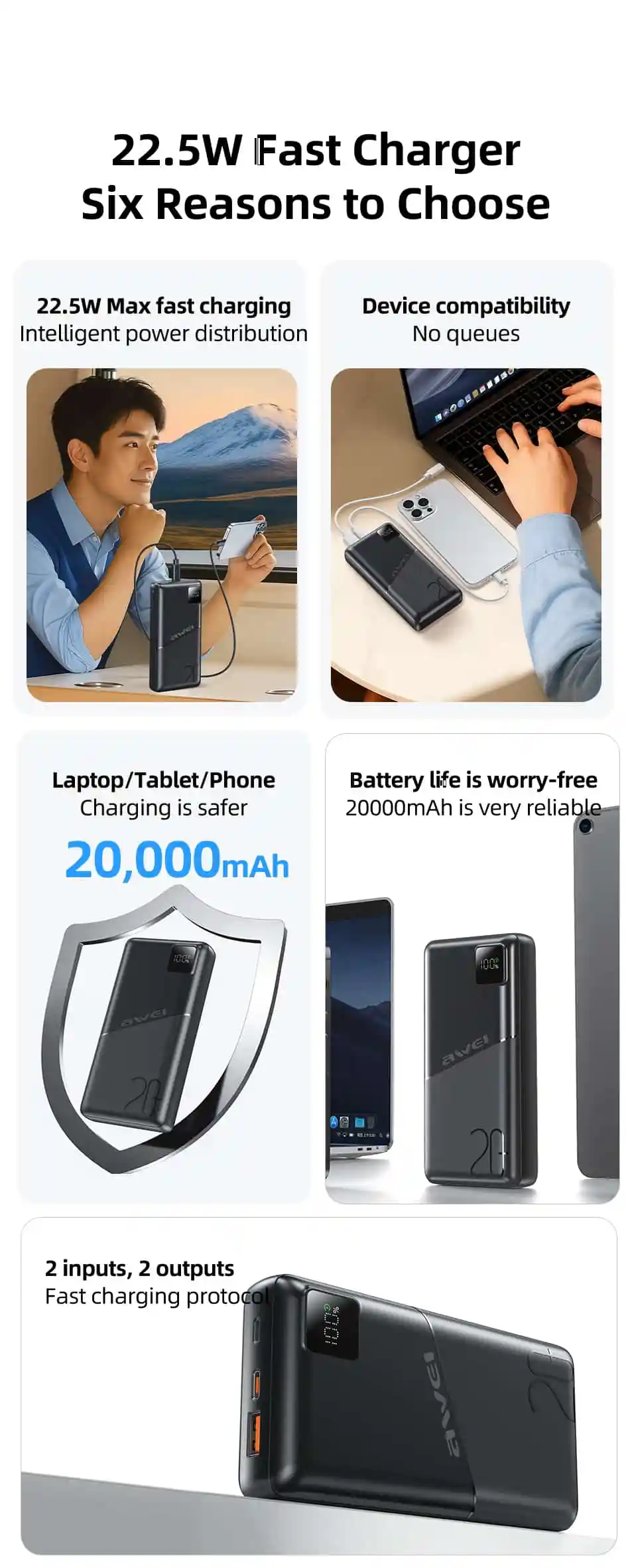 Compact and high-capacity Awei PA-37 20000mAh Power Bank suitable for smartphones and tablets