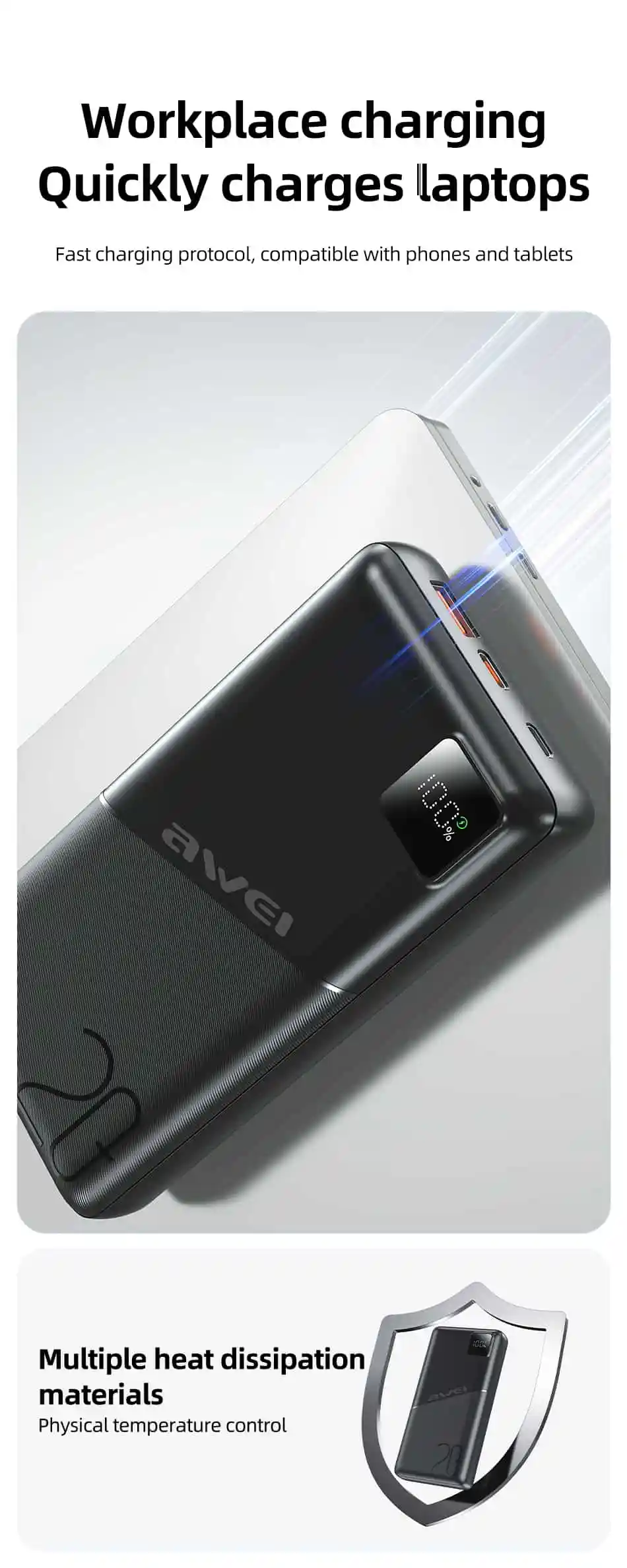 Portable Awei PA-37 20000mAh Power Bank for travel, commuting, and outdoor use