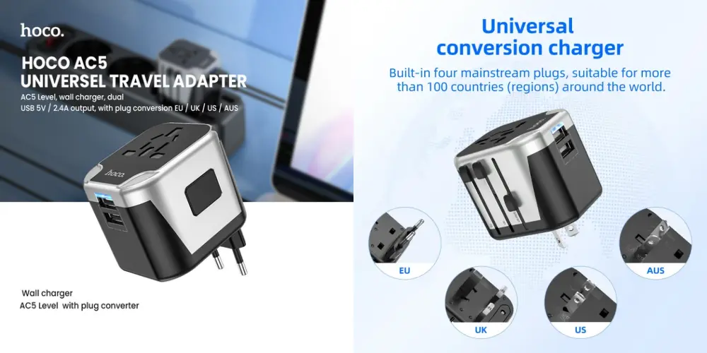 Hoco AC5 Universal Travel Adapter showing multi-standard EU UK US AUS plugs