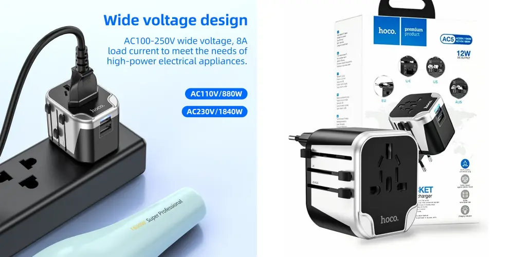 Hoco AC5 Universal Travel Adapter flame-retardant PC body construction