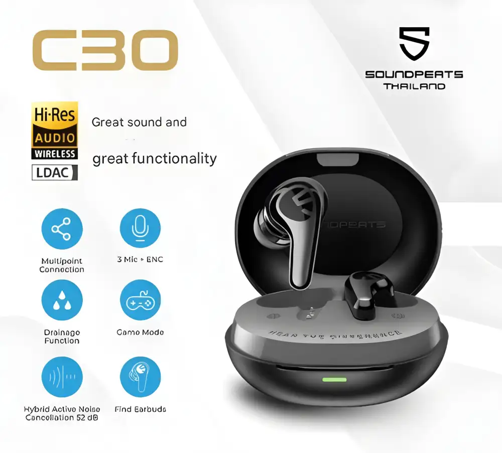 SOUNDPEATS C30 is powered by a 12mm composite diaphragm dynamic driver that produces deep, resonant bass, clear mids, and sparkling highs for a perfectly balanced audio signature.