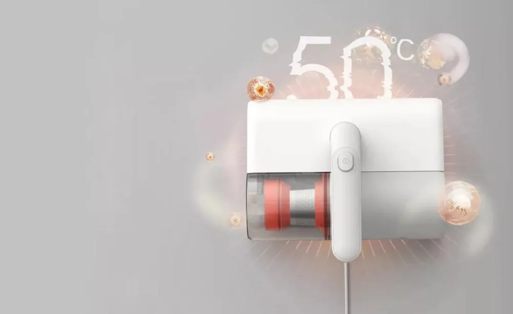 Side-angle image of the Xiaomi Mijia Mite Remover 2 MJCMY02DY featuring its 14,000Pa hurricane suction performance for deep cleaning.