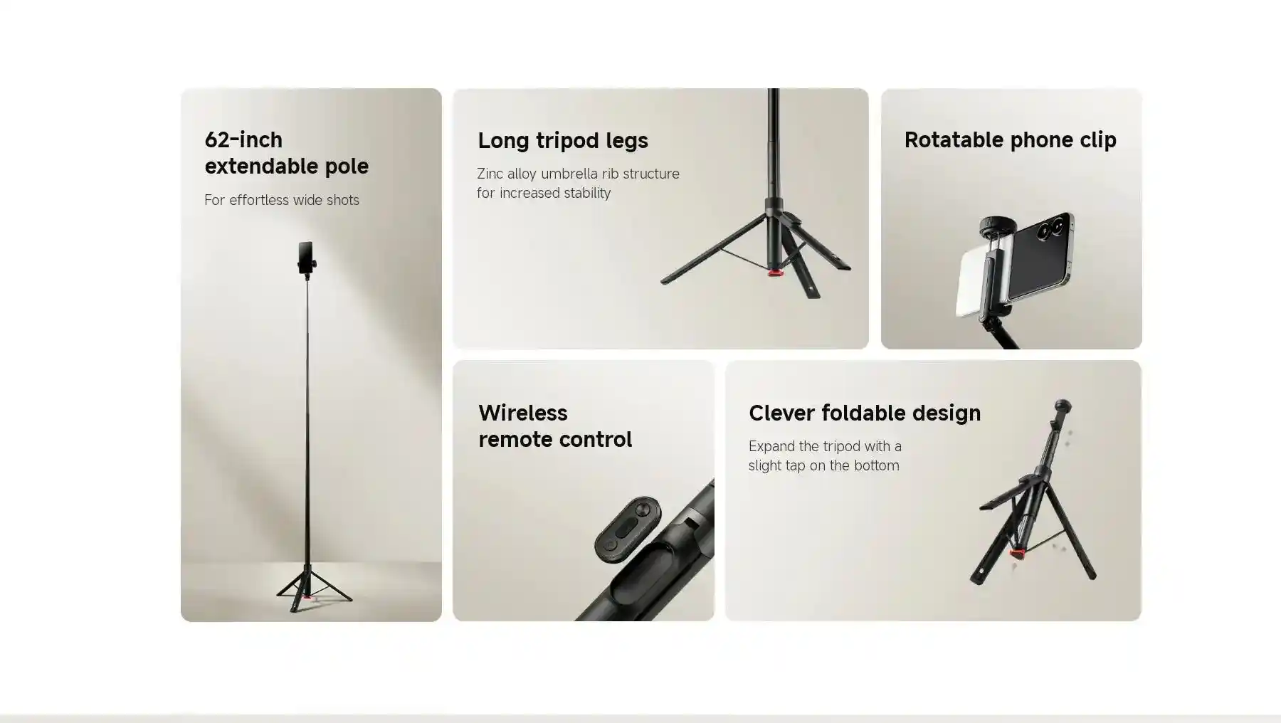 Portable Xiaomi Zoom 62" Selfie Stick Tripod with Adjustable Phone Clip for Stable Shots