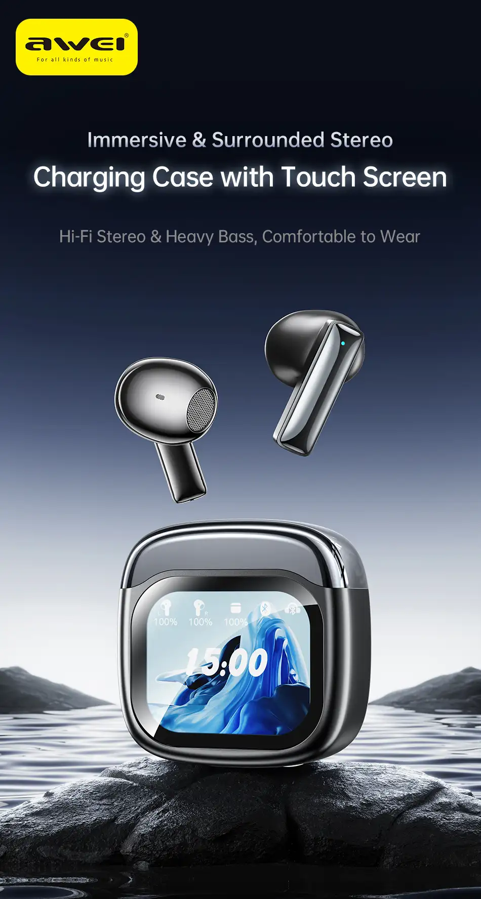 AWEI T100 ENC Bluetooth 5.4 Earbuds close-up view