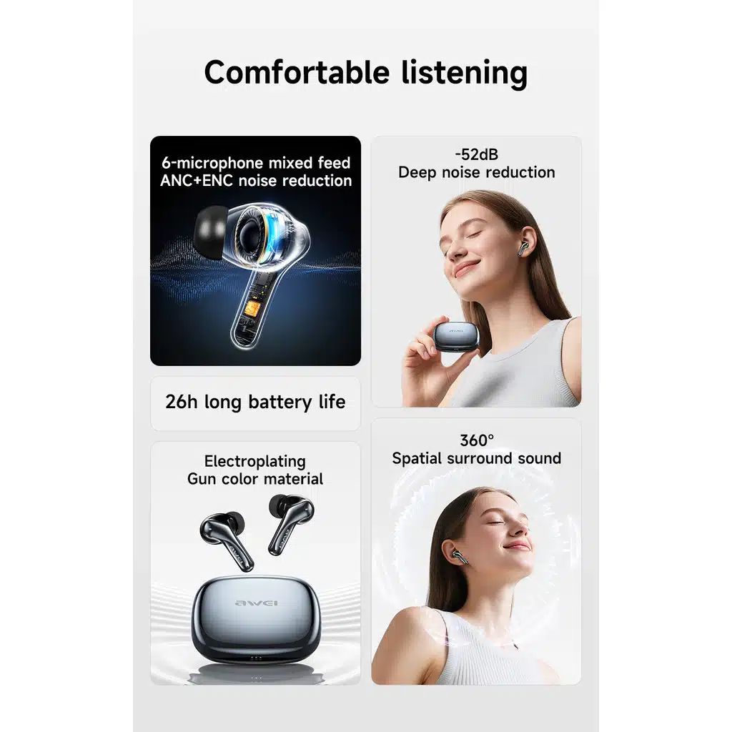 Stereo deep bass Awei T230 ANC Pro Bluetooth 6.0 wireless earbuds