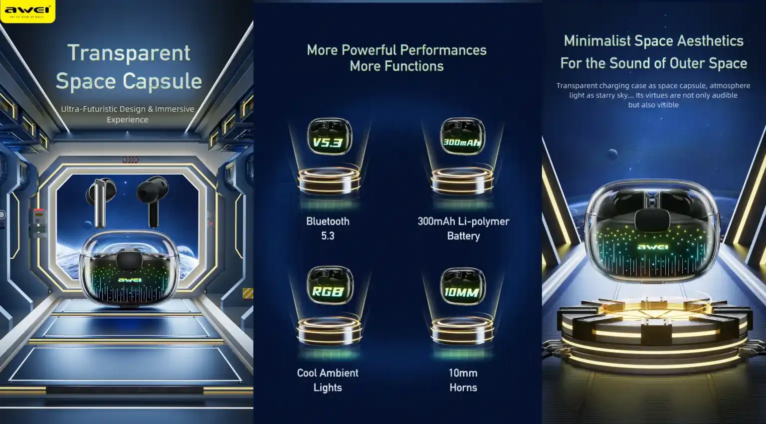 Awei T52 Pro earbuds with charging case open