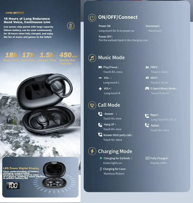 Awei T80 Open-Ear Wireless Earphones with Bluetooth 5.3 for music and calls in Bangladesh