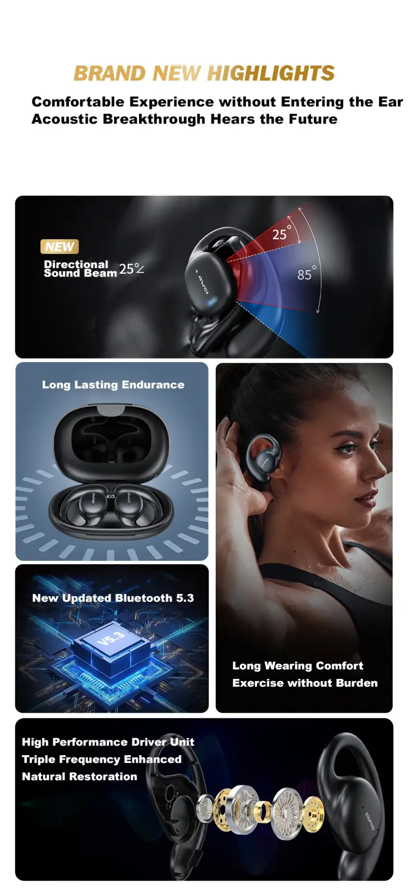 Awei T80 Air Conduction Earphones with 10mm drivers and deep bass for clear audio