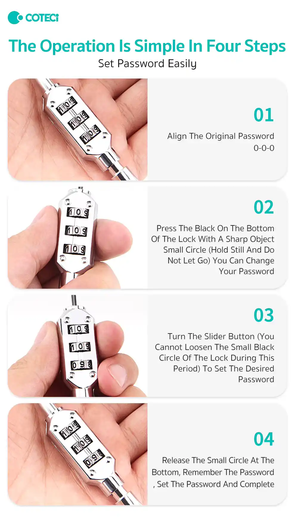 COTECi D-Hook Combination Lock with 3-digit code reset