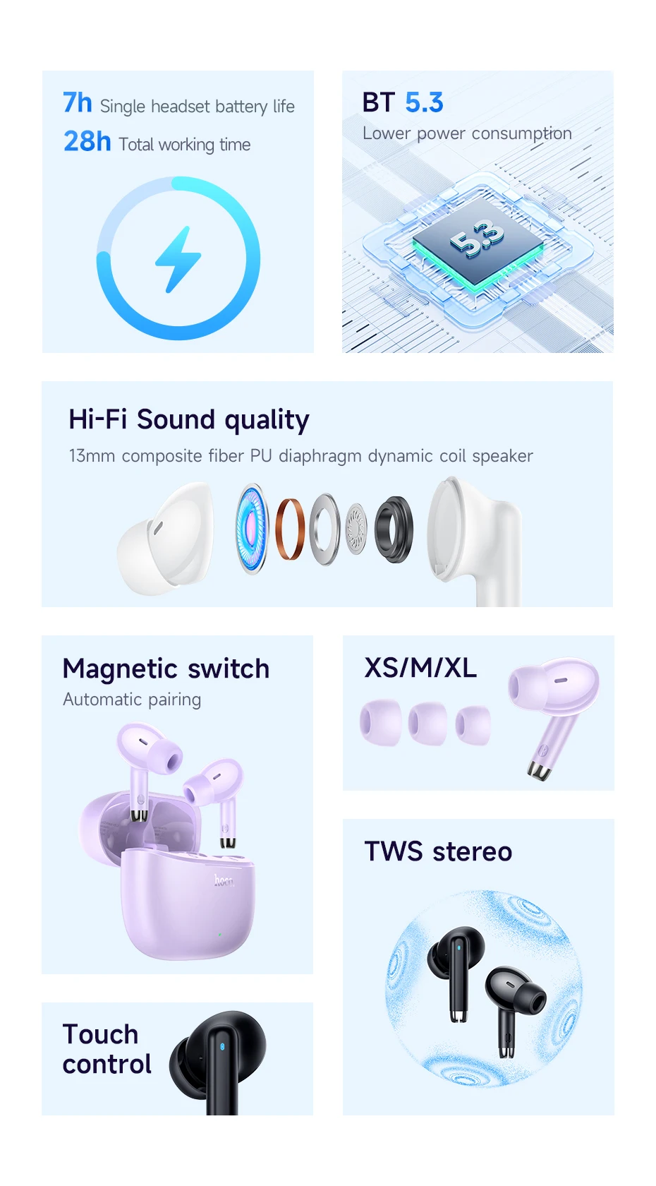 HOCO EQ2 TWS Earbuds with 320mAh charging case for extended battery