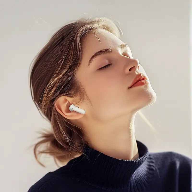 HOCO EQ22 earbuds showing LED charging display and compact charging case