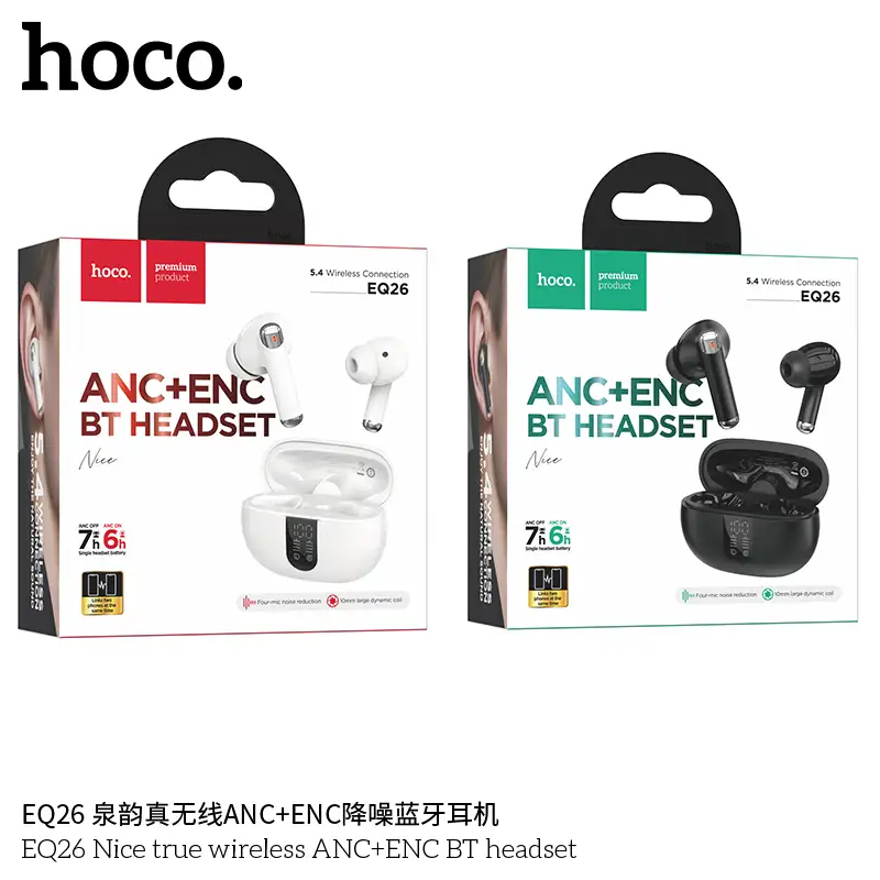 Hoco EQ26 Nice earbuds showing hybrid ANC noise cancellation