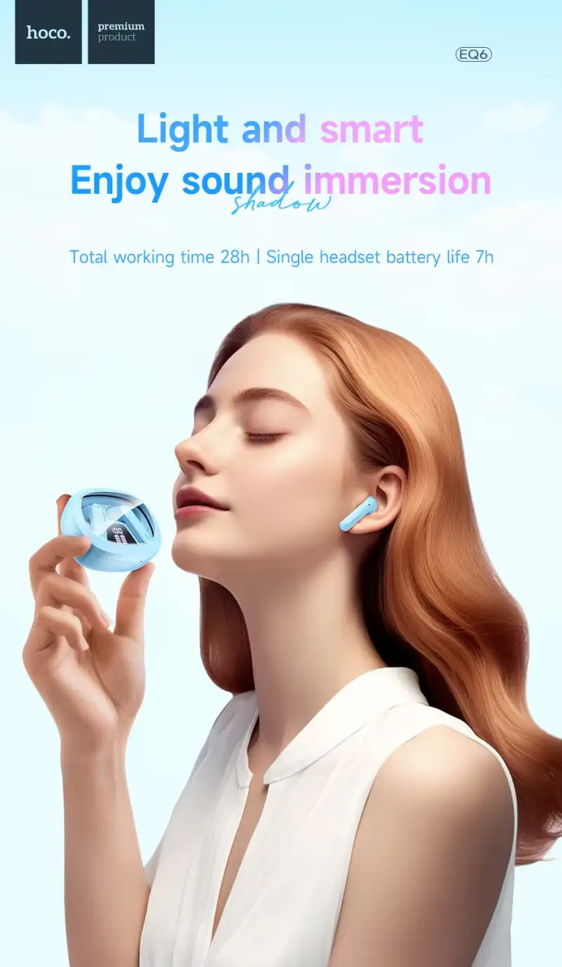 HOCO EQ6 TWS Wireless Earbuds featuring transparent case with digital display
