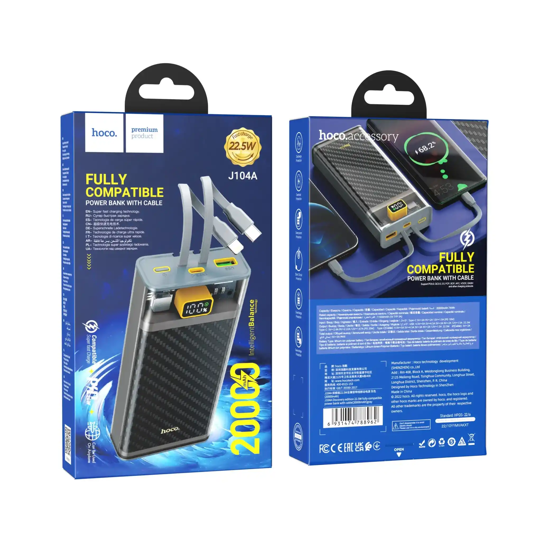 Hoco J104A Discovery Edition Power Bank with built-in cables for iPhone and Android