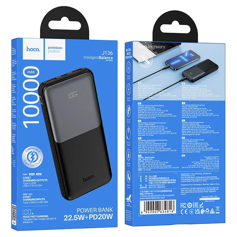 HOCO J136 10000mAh Fast Charging Power Bank LED digital display for battery status