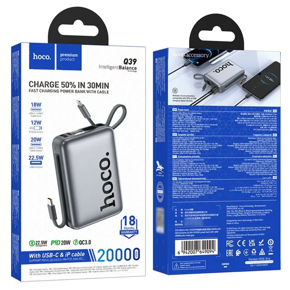 Hoco Q39 Eminete 20000mAh power bank with 22.5W fast charging and PD 20W support in Bangladesh
