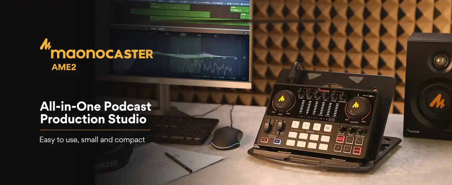 Front view of MAONO MAONOCASTER AME2 showing customizable sound pads and knobs for live recording.
