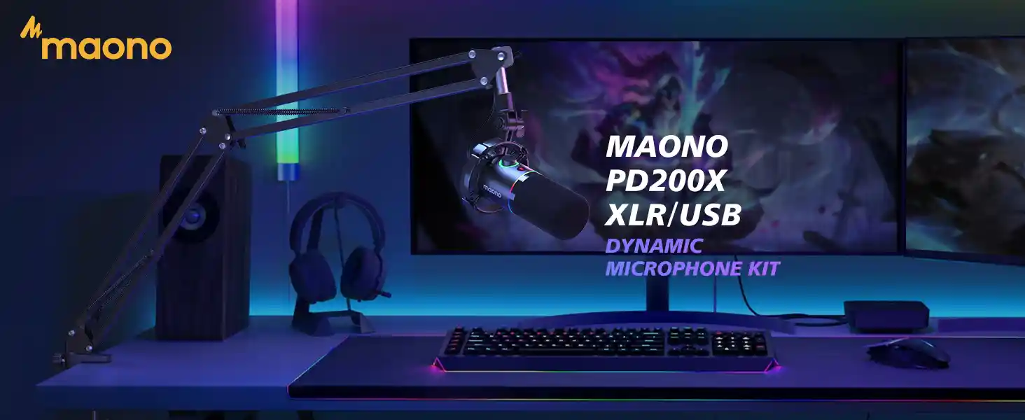 MAONO PD200X USB/XLR Dynamic Microphone delivering crystal-clear sound with gain knob, mute button, and boom arm