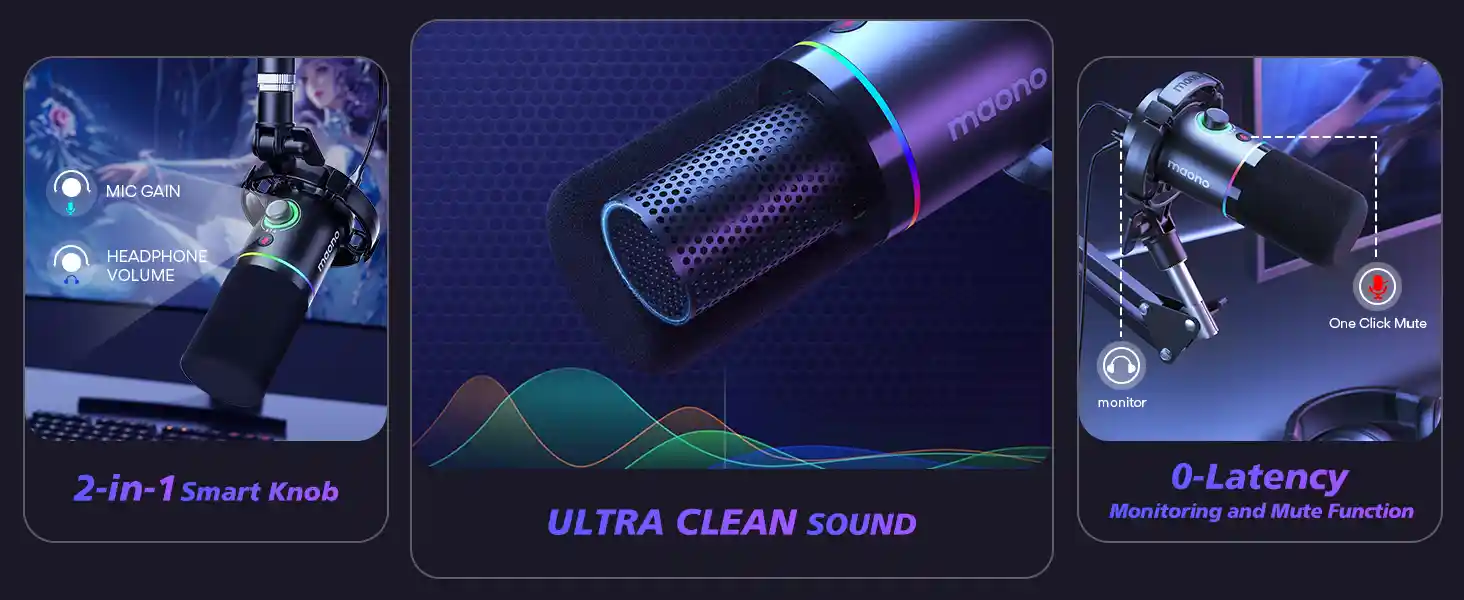 MAONO PD200XS Dynamic Microphone with RGB lighting, real-time headphone monitoring, and software-controlled audio settings