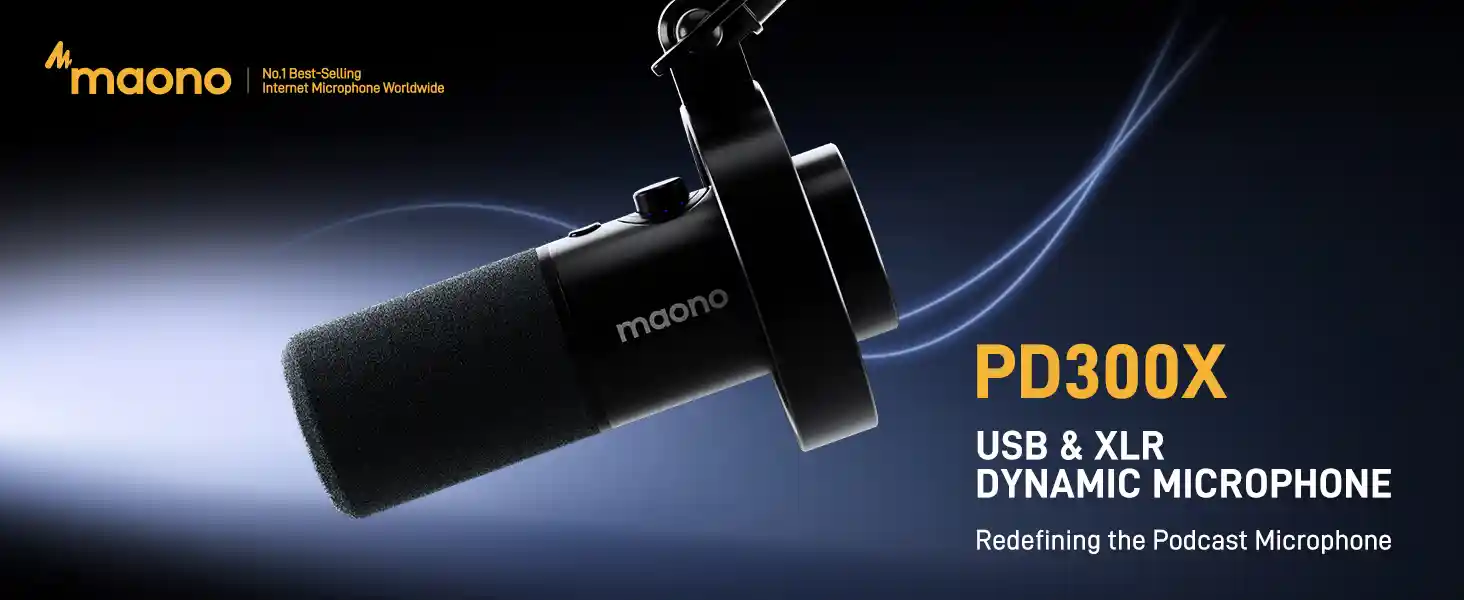 High-resolution MAONO PD300X USB/XLR Dynamic Microphone on boom arm