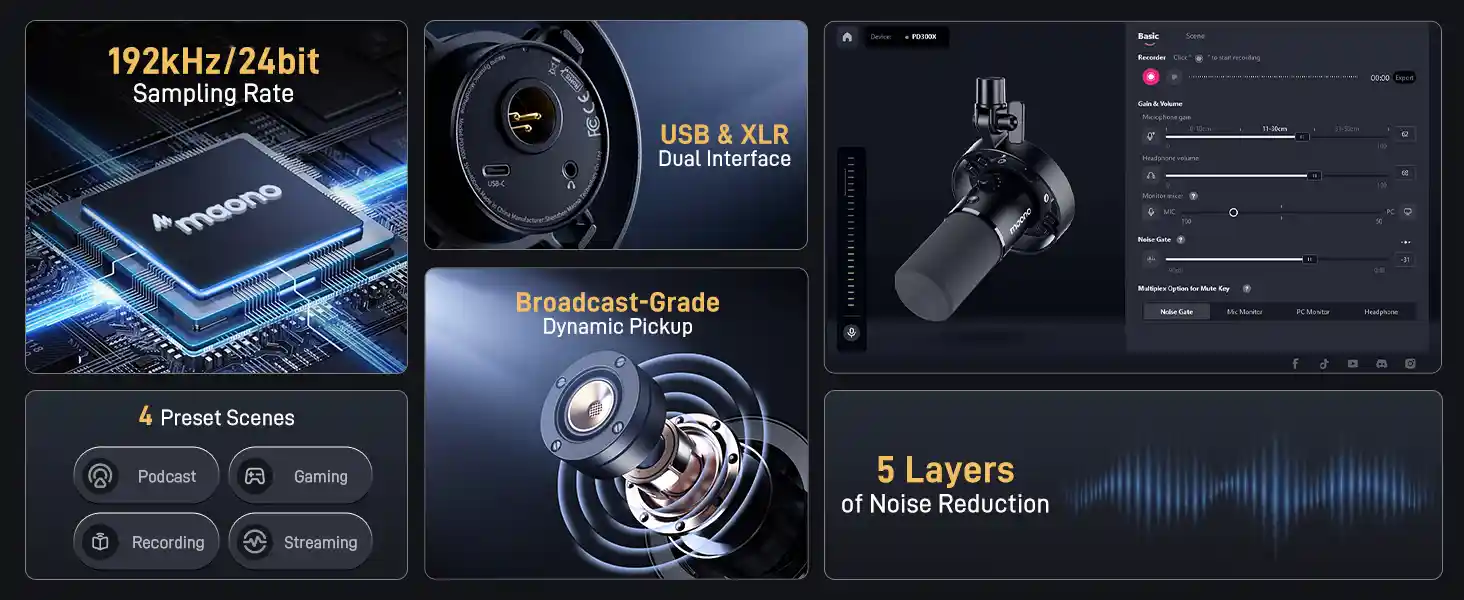 MAONO PD300X Dynamic Microphone kit with 192kHz 24bit recording quality