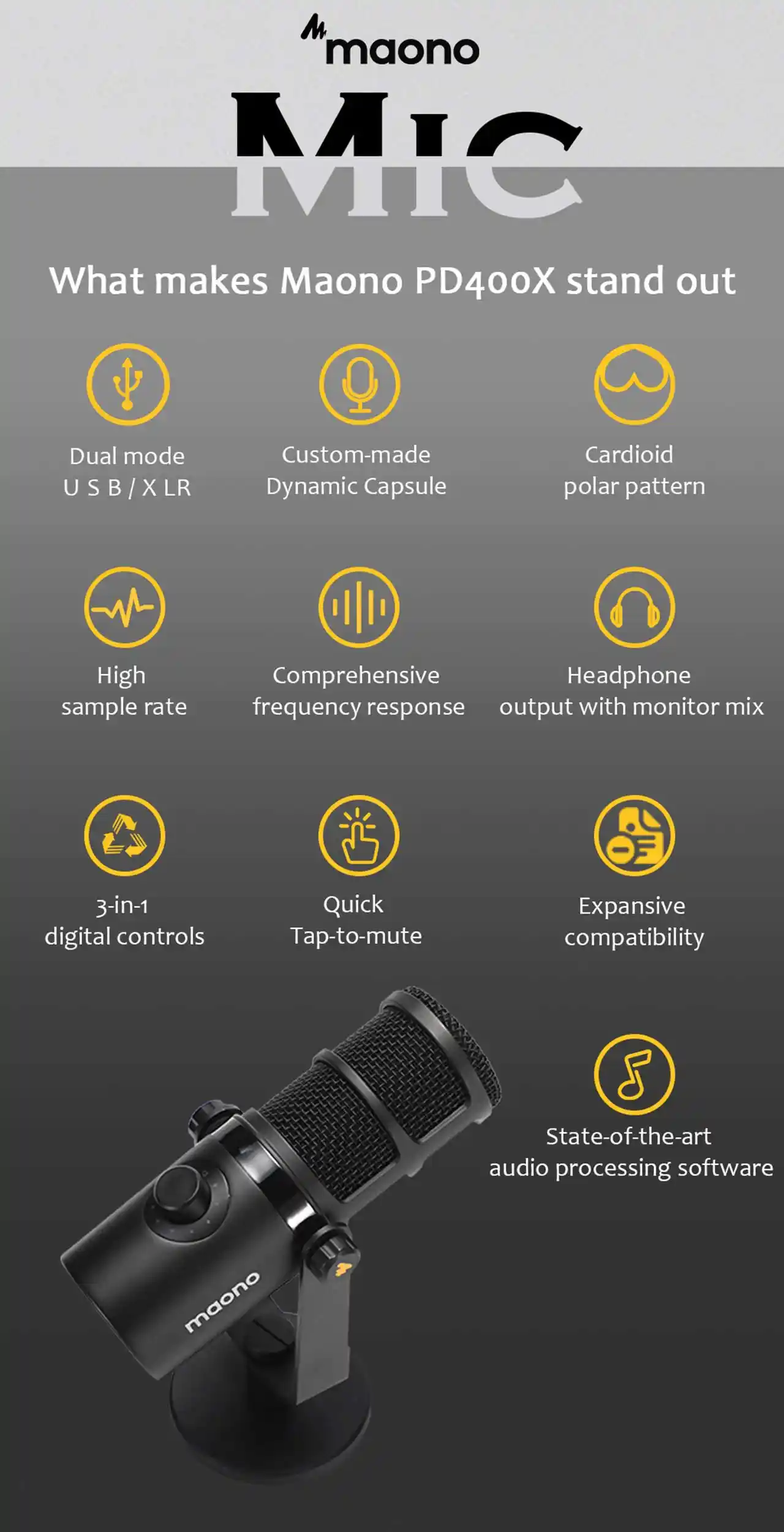 High-quality cardioid MAONO PD400X podcast microphone